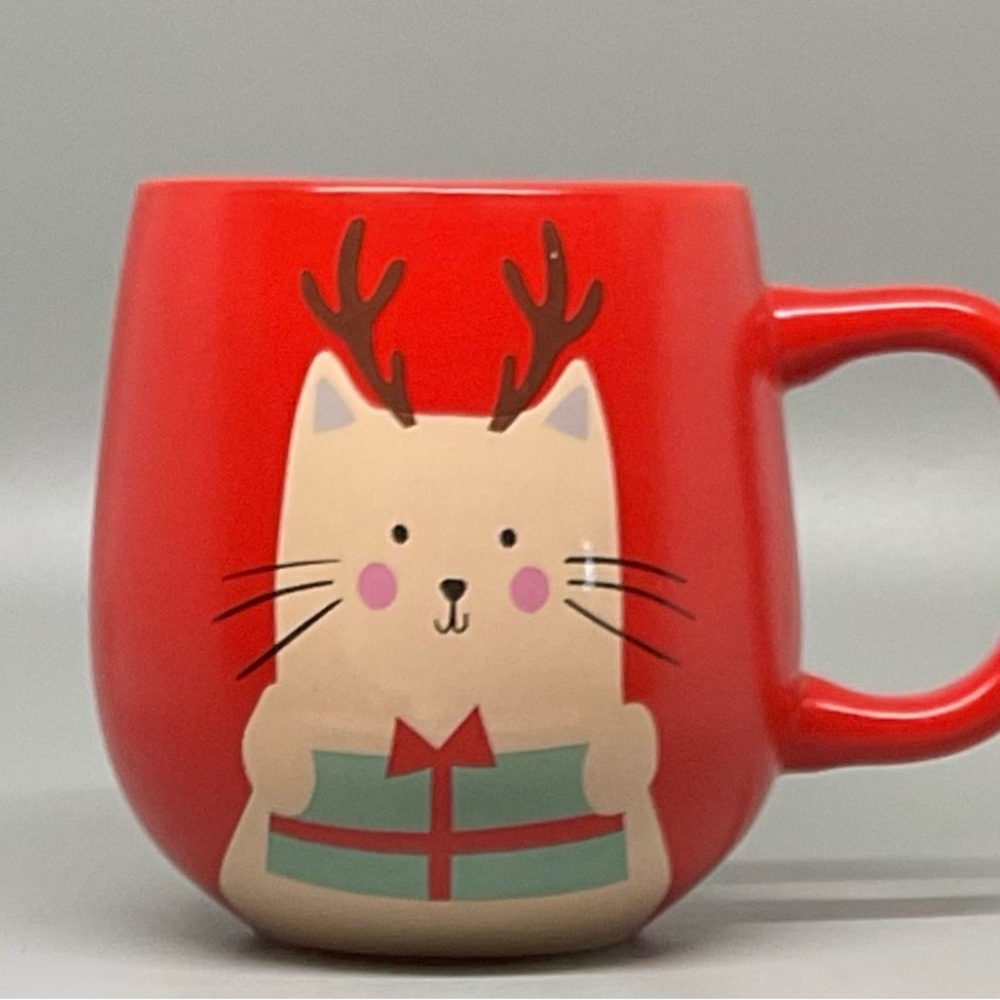 Indigo Mug 16oz “MEOWY CHRISTMAS” Red Tan Cat With Reindeer Antlers NWOT